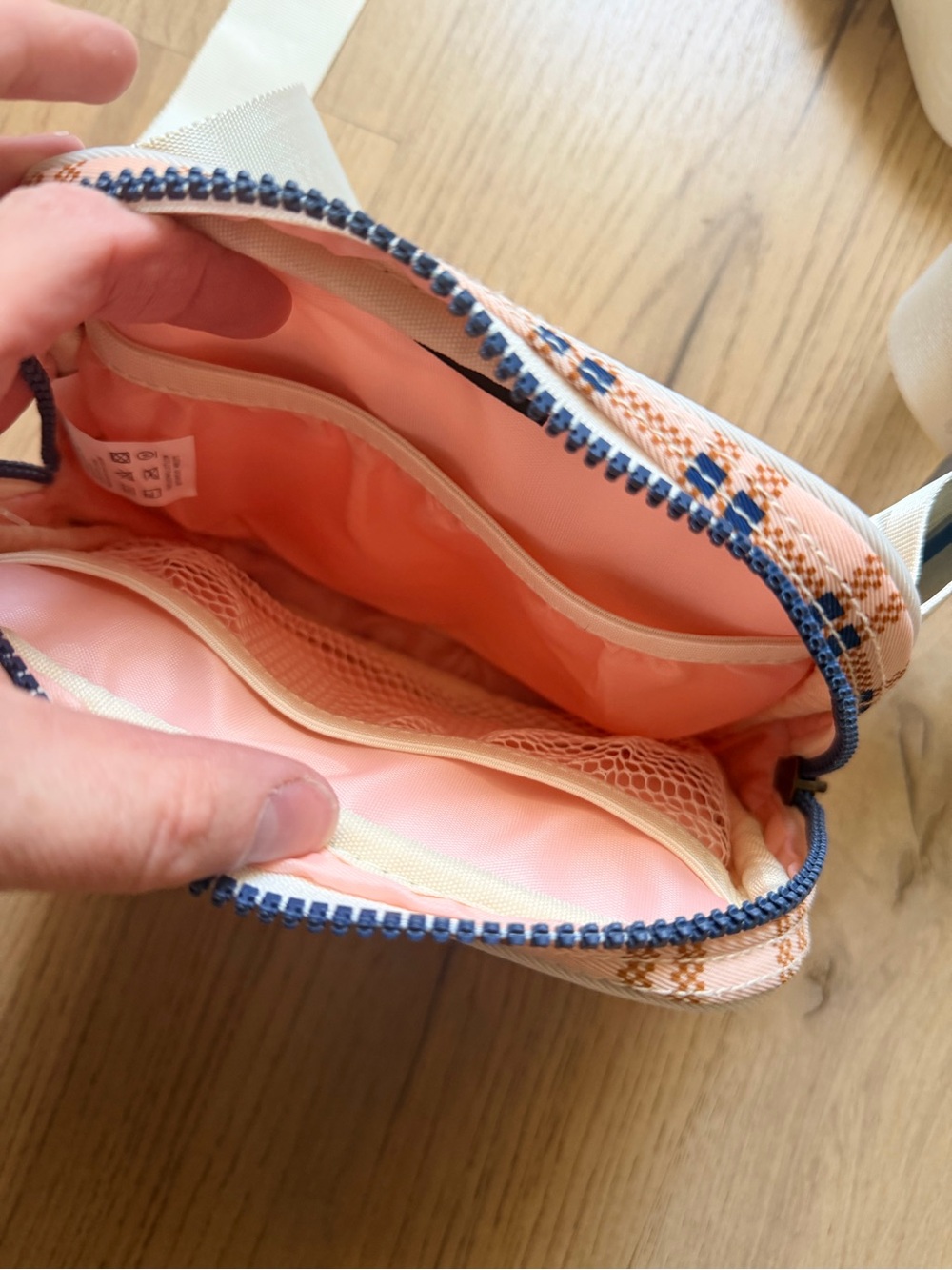 Thread Peach Plaid Crossbody Belt Bag with Navy Accents - Picture 2 of 5